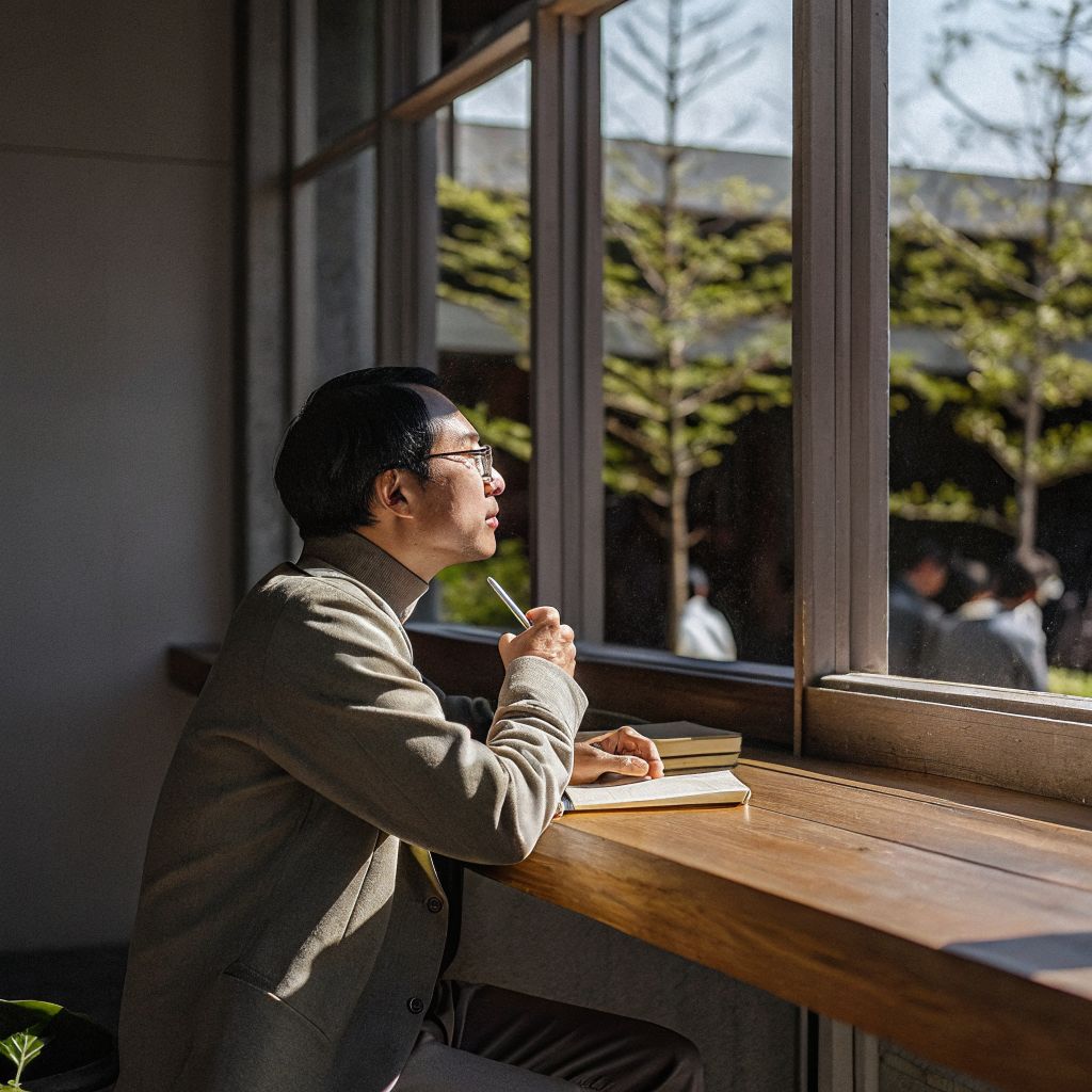 Leader reflecting with a notebook before a busy day