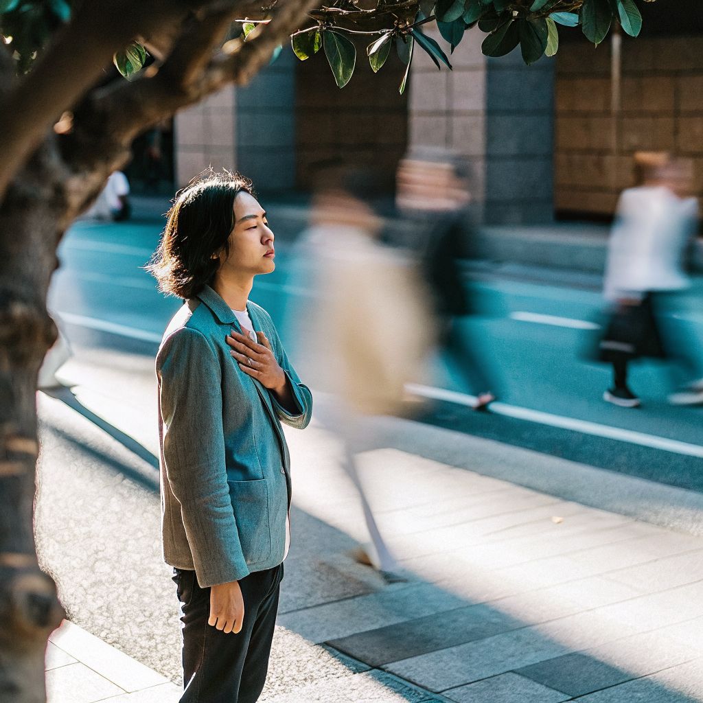 Person pausing on a city street, illustrating the space between stimulus and response