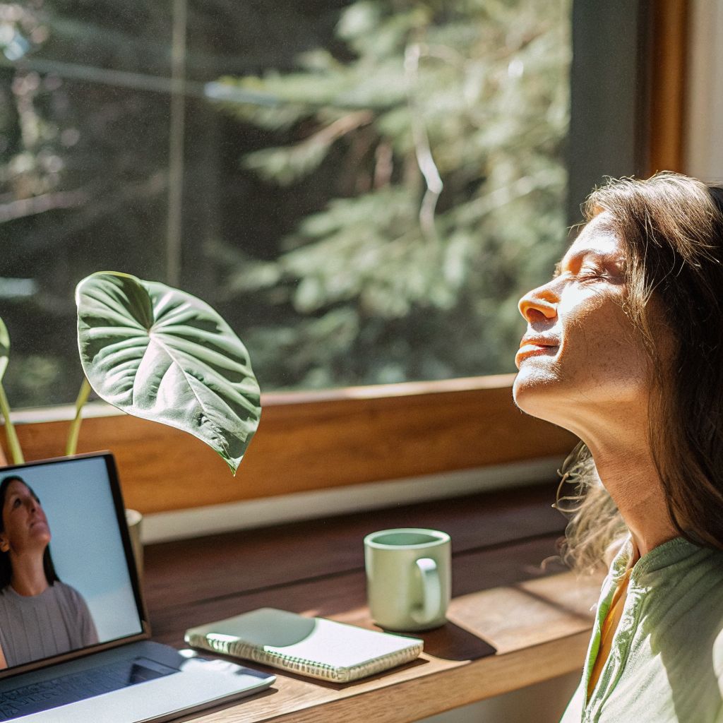 Leader on a video call pausing to breathe and refocus, practicing conscious leadership