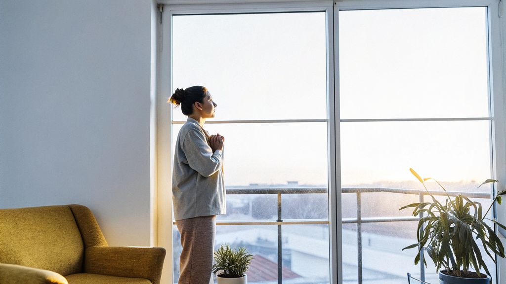 Person pausing by a window, practicing awareness and change with a hand on the heart