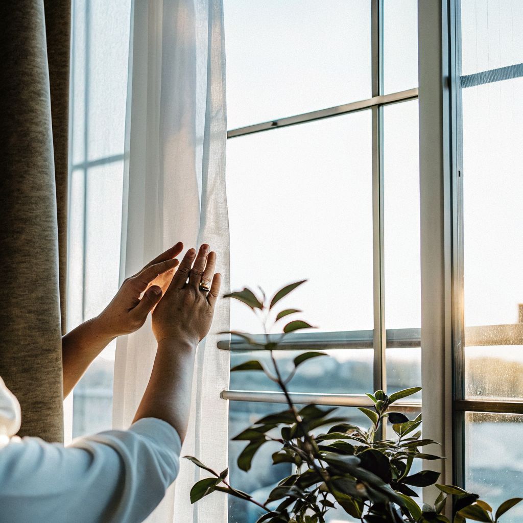 Person pausing at a window, illustrating the space between stimulus and response