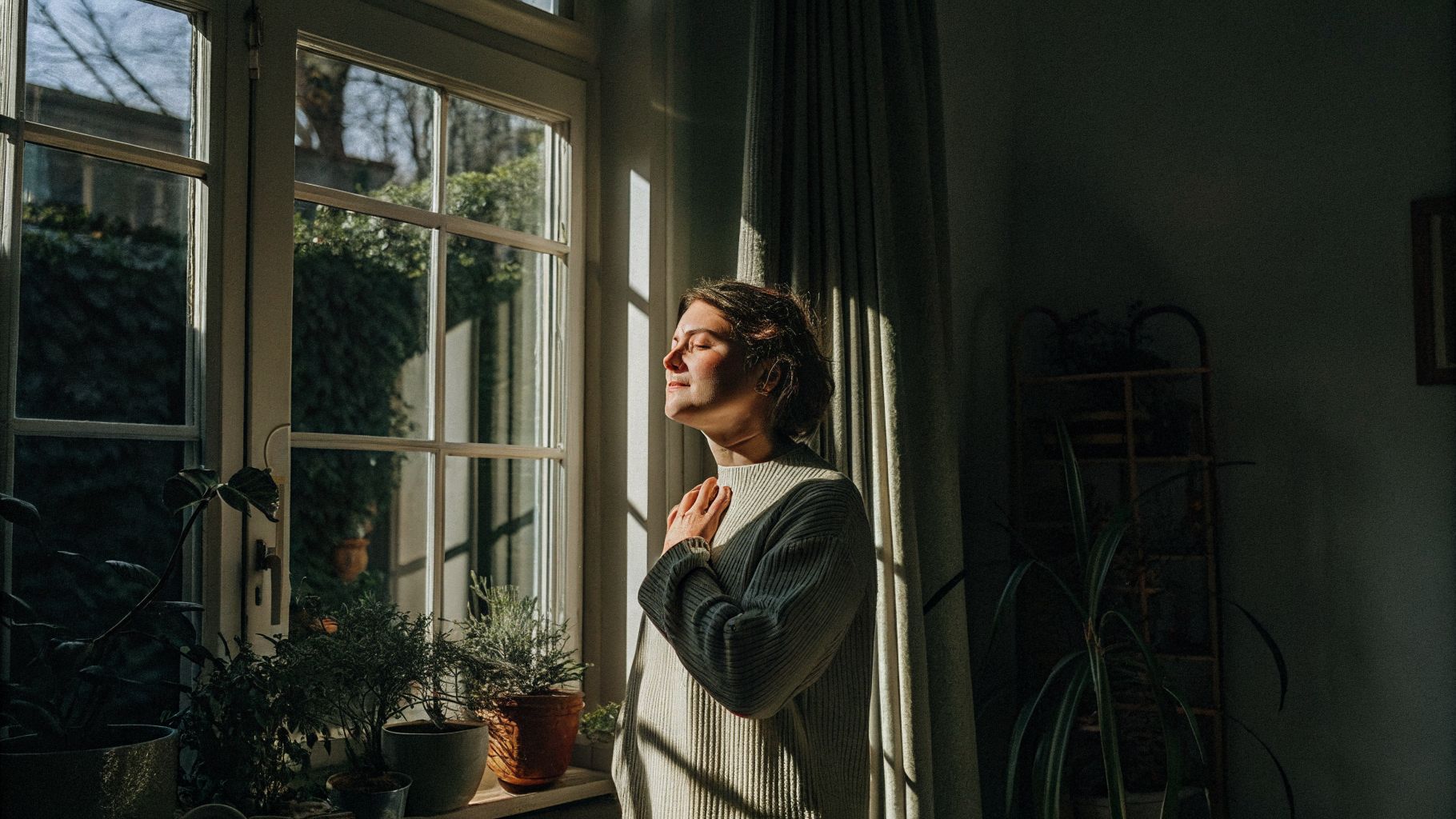 Person pausing by a window, practicing awareness and change with a hand on their chest