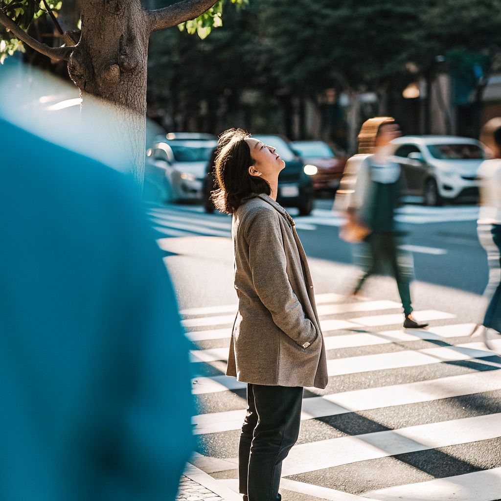 Space between stimulus and response: person pausing at a crosswalk to take a calming breath