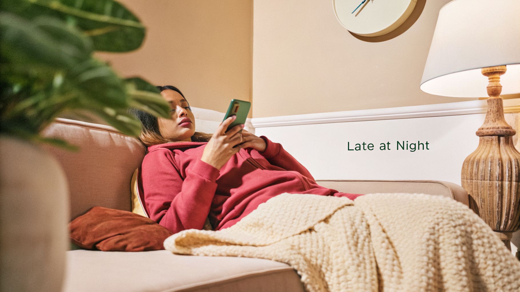 Emotional identity behind late-night scrolling on the couch as time passes