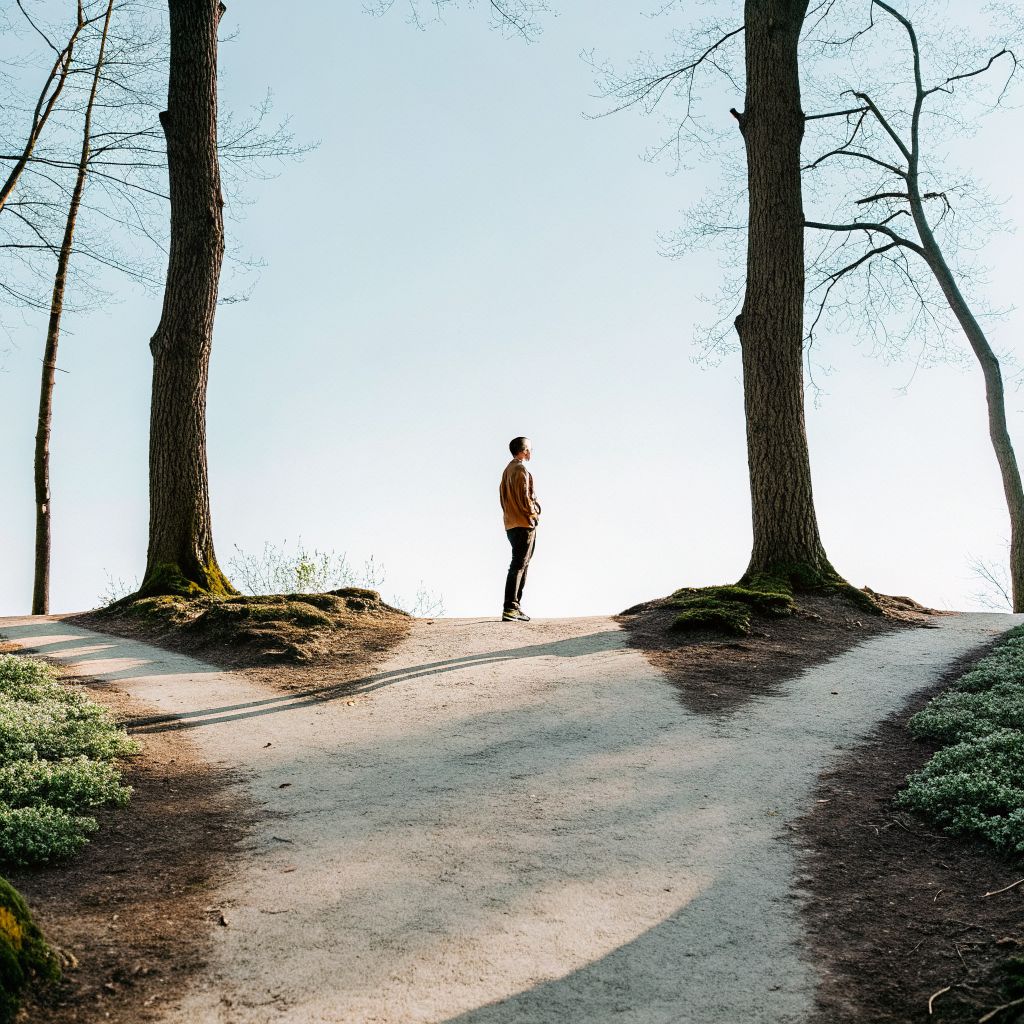 Person at a forked path symbolizing the space between stimulus and response