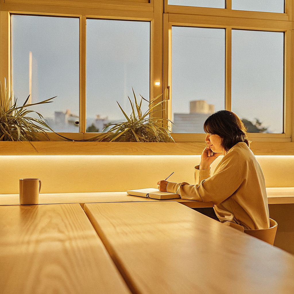Leader journaling at a desk at dusk, reflecting on conscious leadership