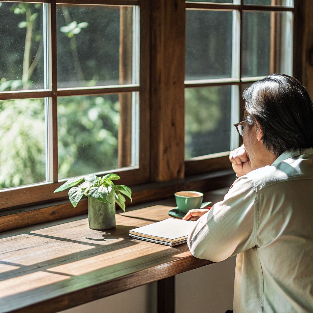 Leader pausing with a notebook in morning light, reflecting on conscious leadership