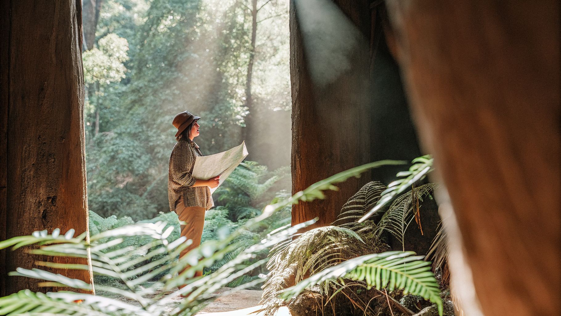 Person holding a map at the forest edge, symbolizing unconscious emotional programming and the path from insight to change