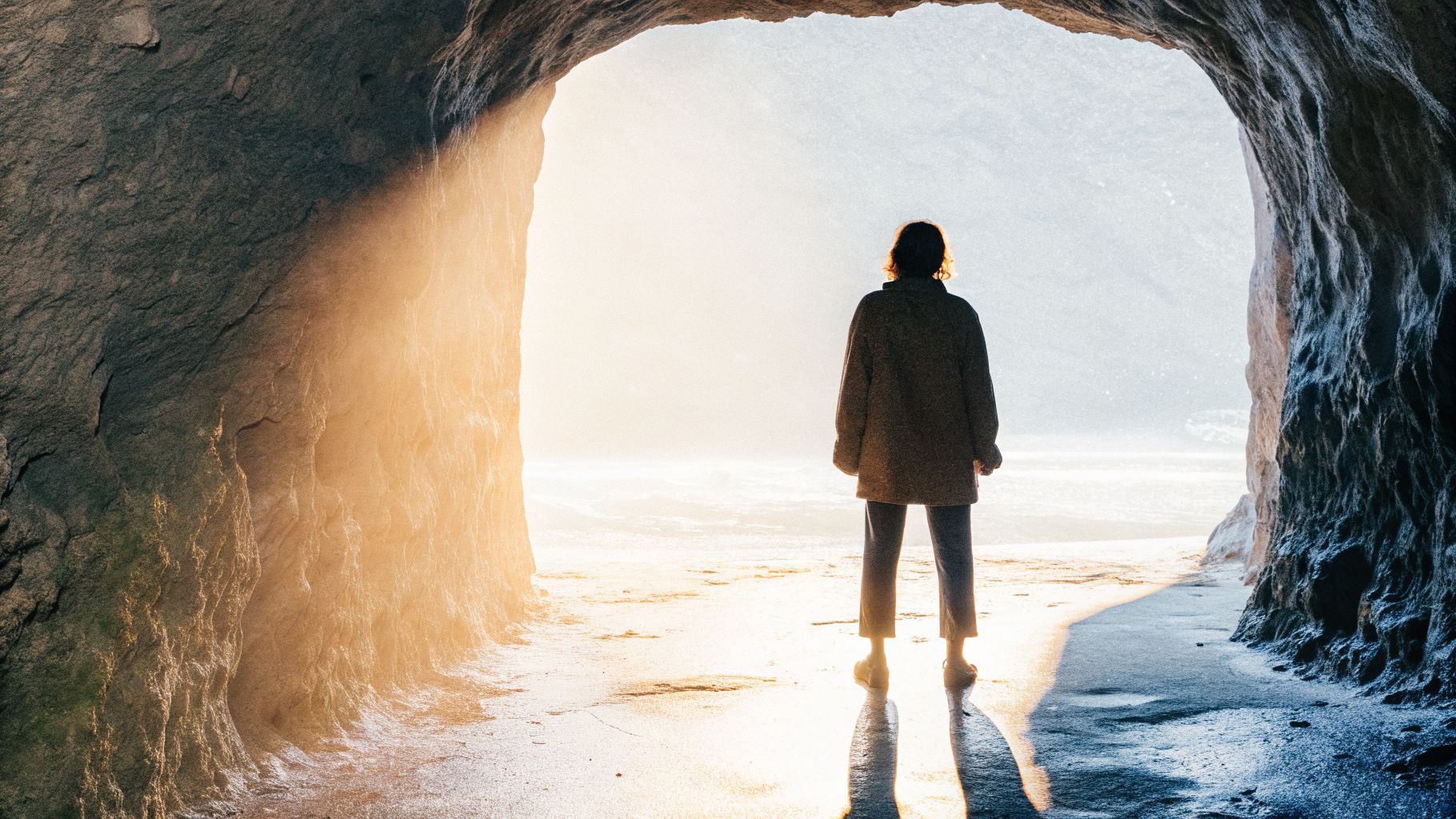 Inner transformation psychology: person at a cave entrance between light and a dark passage