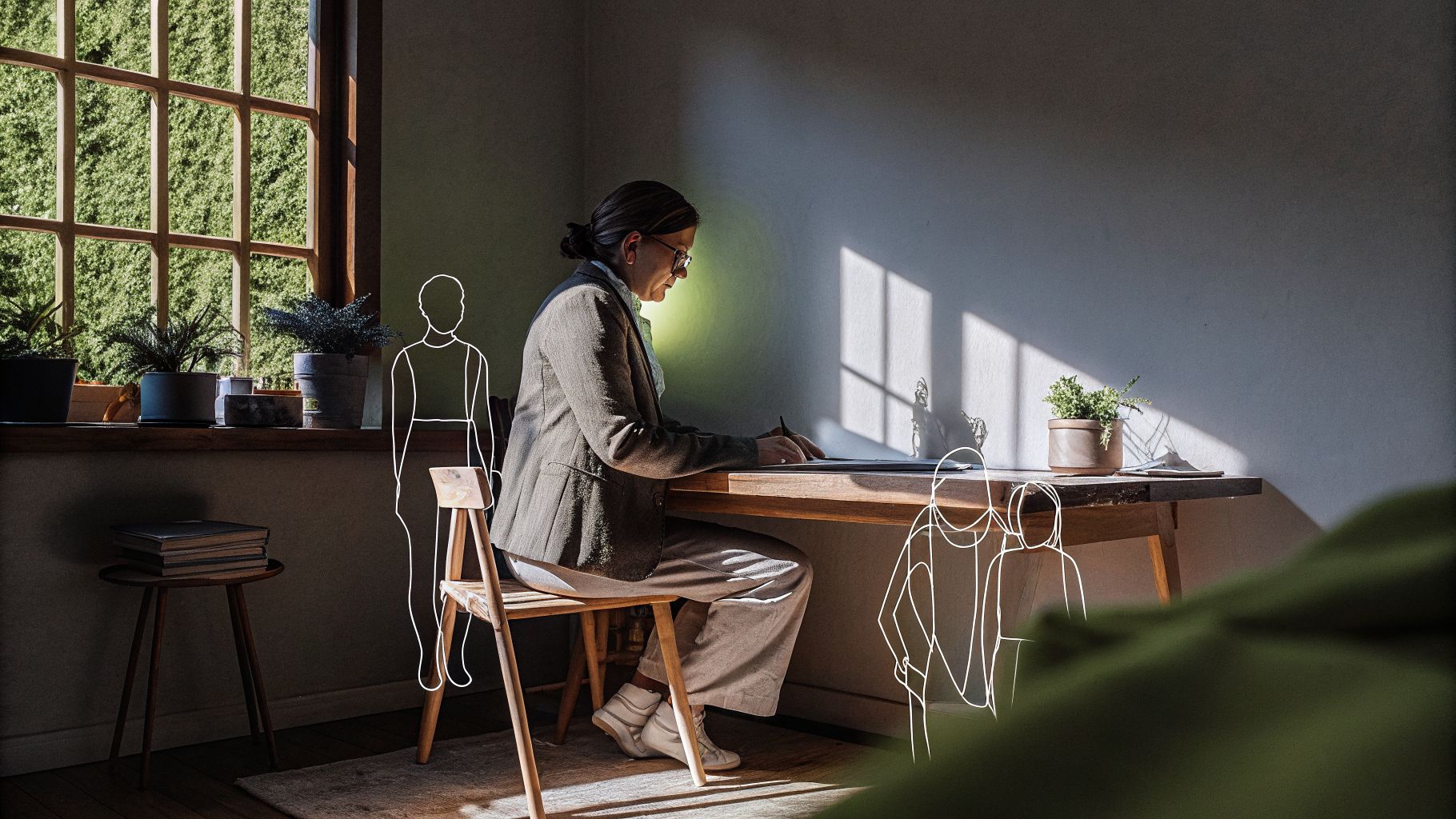 Burnout identity patterns visual: person at a desk surrounded by identity roles and labels